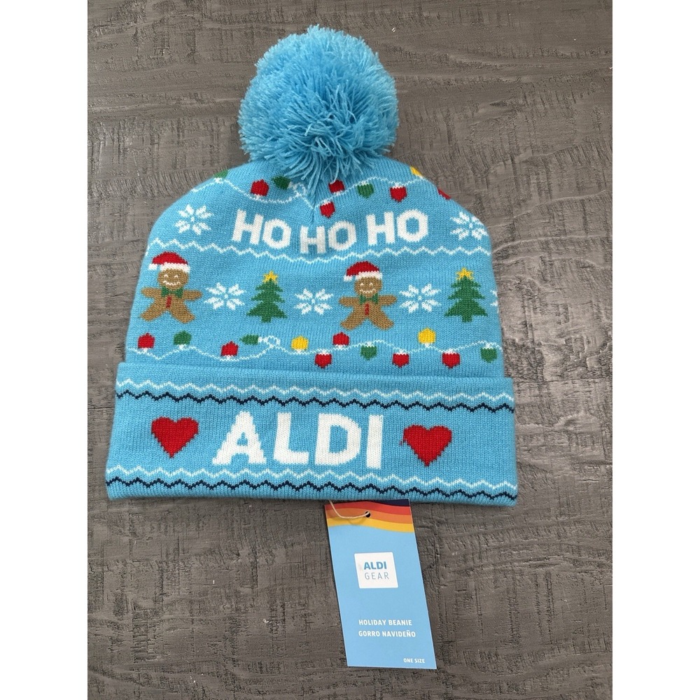 Aldi Gear Holiday Christmas Beanie Hat NWT Gingerbread Trees‎ Lights Pom Blu